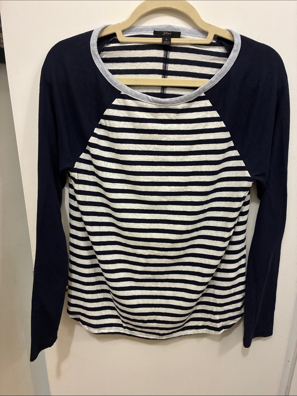J. Crew Navy and White Striped Raglan Long-Sleeve Tee Preppy Coastal Casual